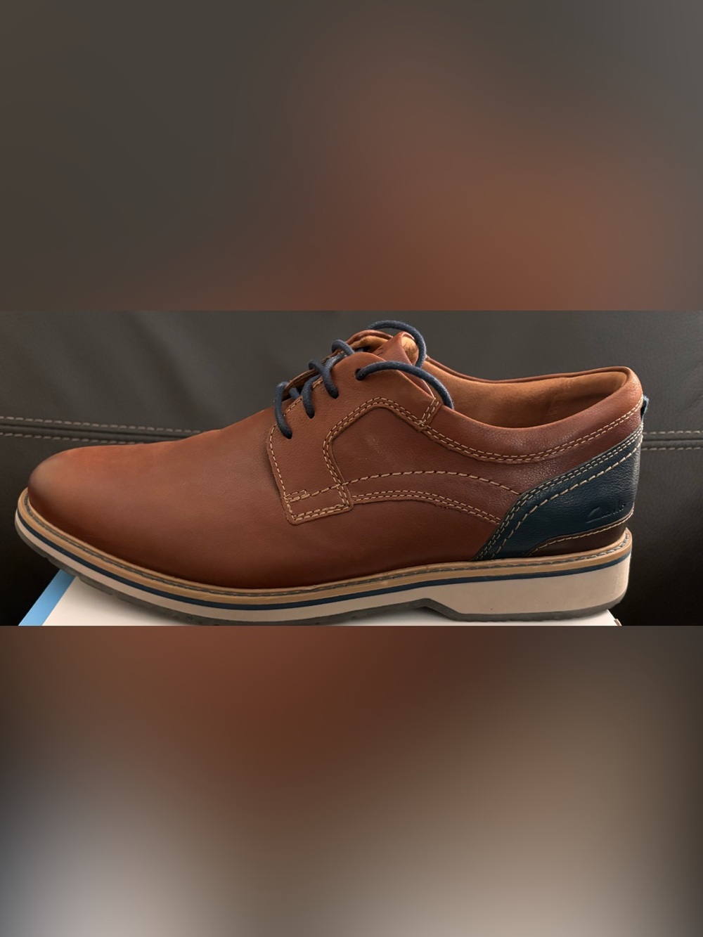 Men's Clarks Brown Leather Casual Oxford Shoe with Navy Accent